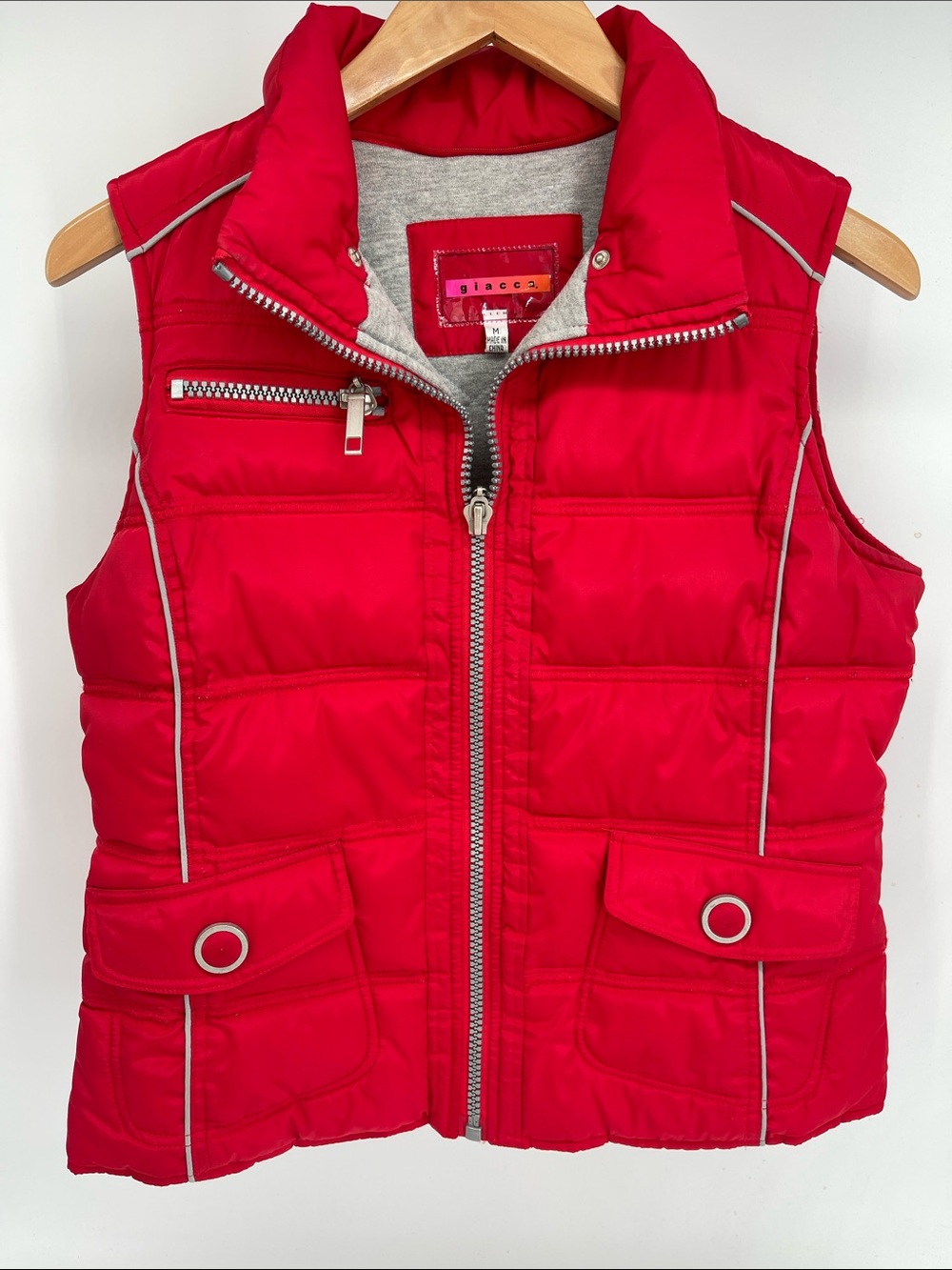 giacca Red Quilted Puffer Vest with Silver Trim Women Medium